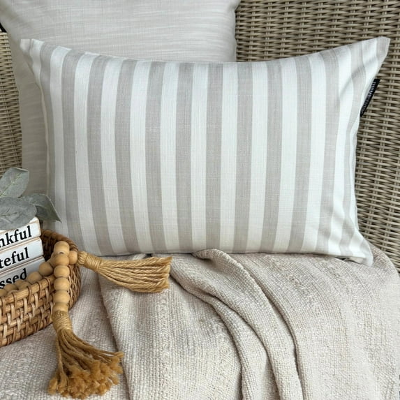 Striped Beige Decorative Lumbar Pillow Cover 12" x 26" | Contemporary Cotton Oblong Cushion Cover Striped | Nursrey, Country & Farm Pillowcases for Bed, Couch & Sofa - Lush Lines Beige