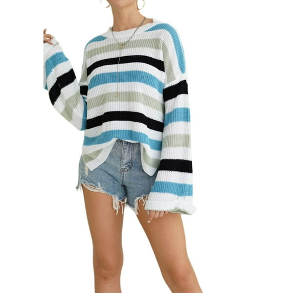 Striped Bell Sleeve Light Sweater Blue Large
