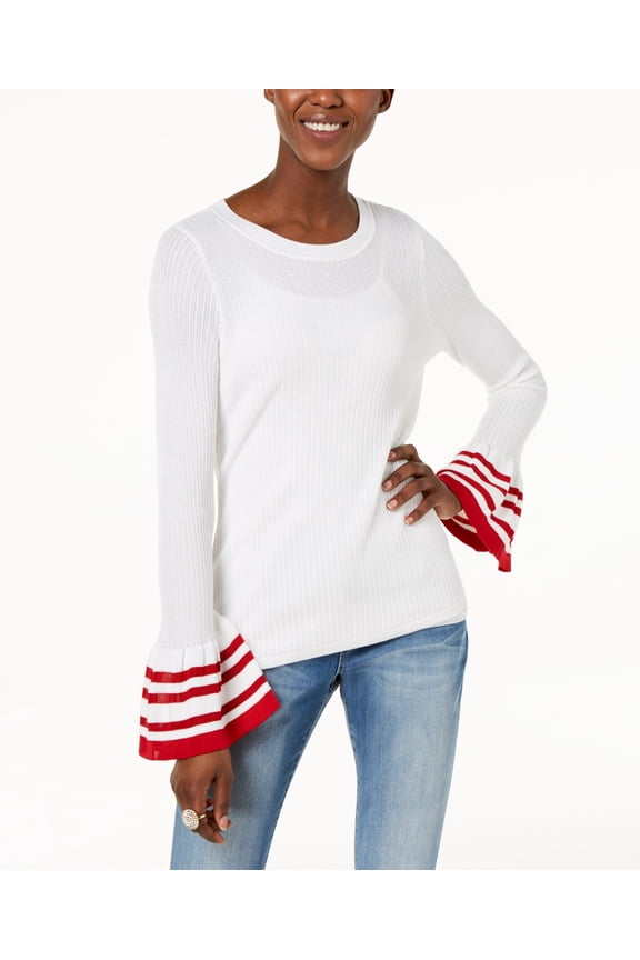 Striped Bell Sleeve Sweater Bright White XL