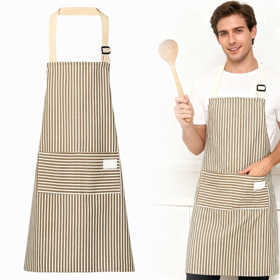 Striped Bib Apron with 2 Pockets, Adjustable Bib Apron for Women & Men, Kitchen Apron for Cooking, Baking, Grilling, Cleaning Durable Sleeveless Smock, 26*28 inch