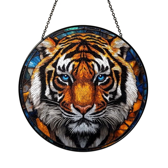 Striped Big Cat Portrait Stained Glass Style Window Decor, Wildlife Inspired Hanging Art Panel