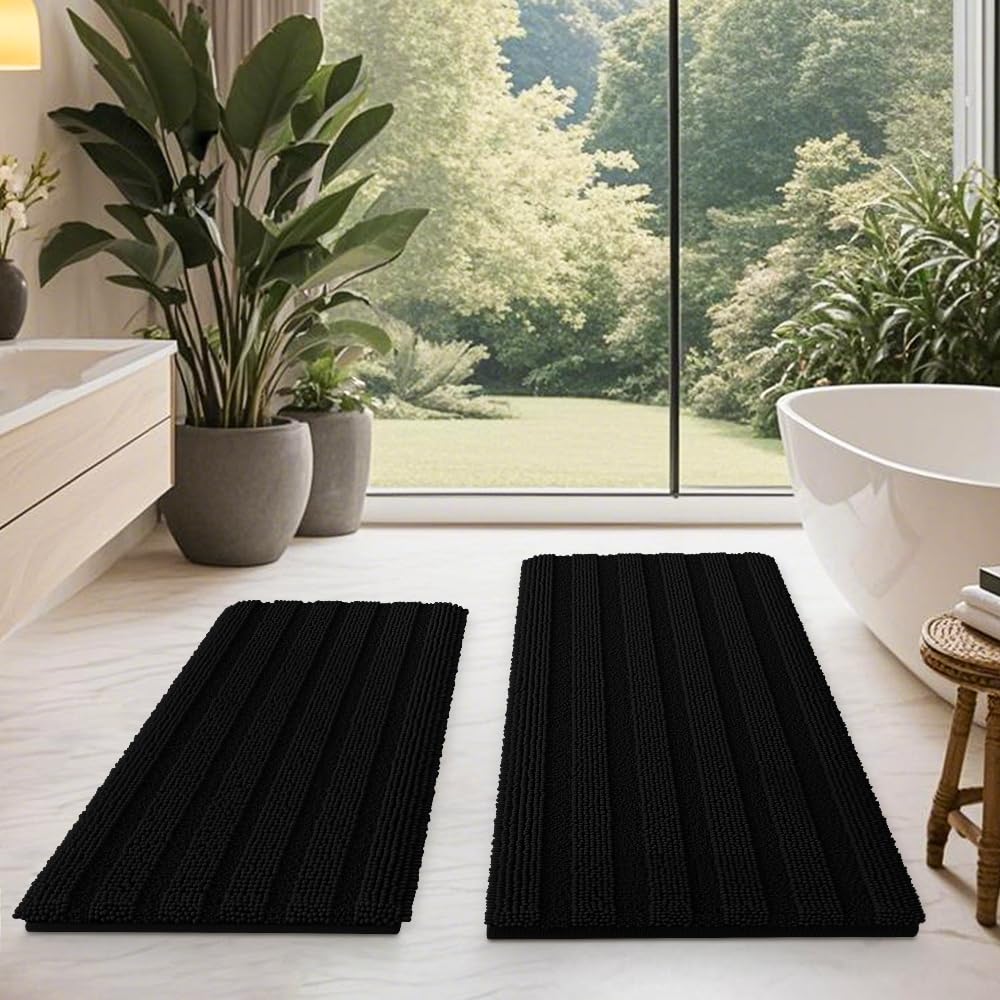 HAKUNA Striped Black Bathroom Rug Set 2 Piece 32"x20"+24"x17" Ultra Soft, Non Slip Chenille Toilet Mat, Absorbent Plush Shaggy Bath Mats for Bathroom, Bedroom, Kitchen