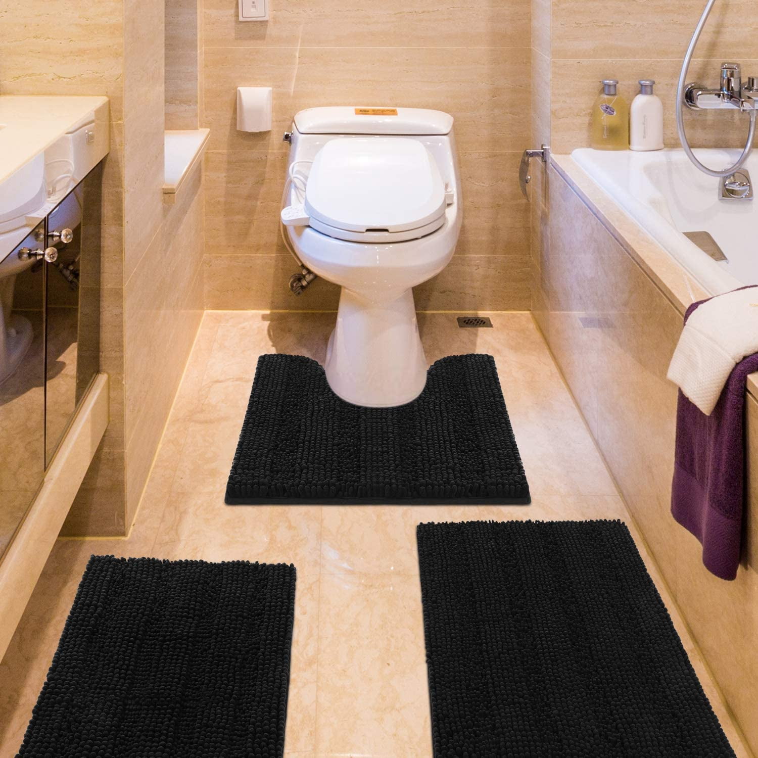 HAKUNA Striped Black Bathroom Rug Set 3 Pieces Ultra Soft, Non Slip Chenille Toilet Mat, Absorbent Plush Shaggy Bath Mats for Bathroom, Bedroom, Kitchen
