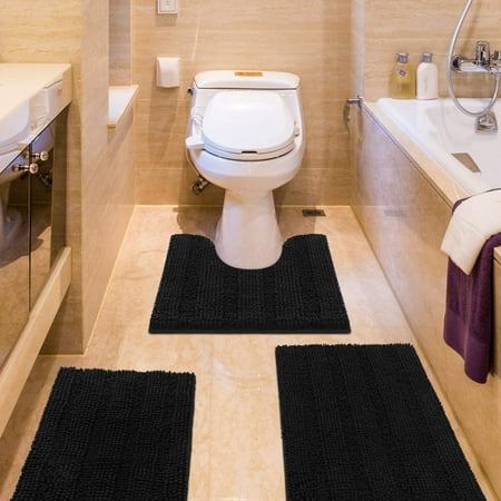 HAKUNA Striped Black Bathroom Rug Set 3 Pieces Ultra Soft, Non Slip Chenille Toilet Mat, Absorbent Plush Shaggy Bath Mats for Bathroom, Bedroom, Kitchen