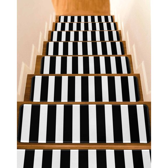 Striped Black White Stair Treads Non Slip for Steps Classic Vertical Striped Simple 7 Pcs Reusable Adhesive Stair Runner Mats for Dogs Elders Carpet Treads Rugs for Staircase 8x30 In
