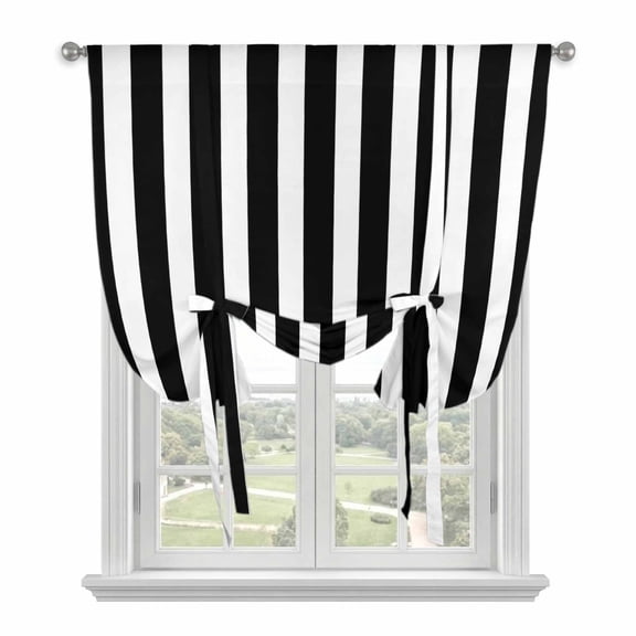 Striped Black White Tie Up Curtain for Window, Classic Vertical Striped Simple Adjustable Tie Up Balloon Curtain Valances Rod Pocket Window Treatment for Kitchen Bathroom Bedroom 42"x63"