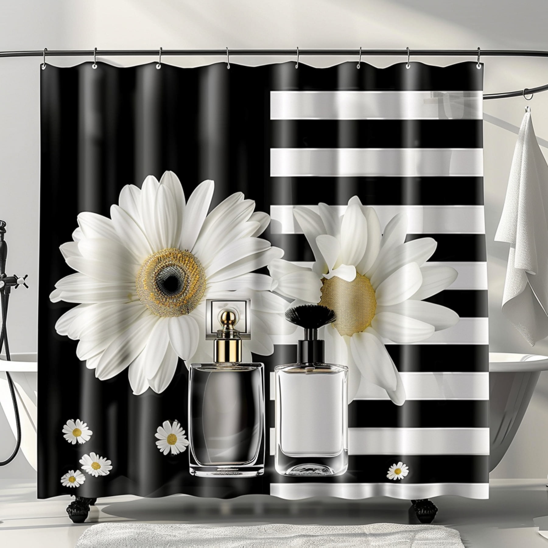 Striped Black and White Bathroom Shower Curtain with Perfume Bottles