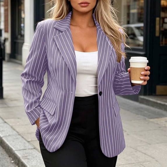 Striped Blazer For Women, Long Sleeve Button Down Suit Jacket, Casual Collared Work Blouse, Business Casual Office Coat Purple XL