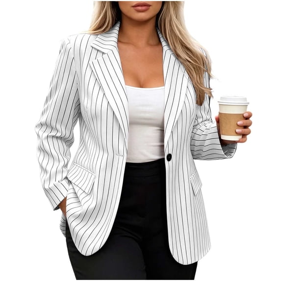 Striped Blazer for Women Casual One Button Padded Shoulder Blazers Lapel Collar Long Sleeve Suits with Pockets White M
