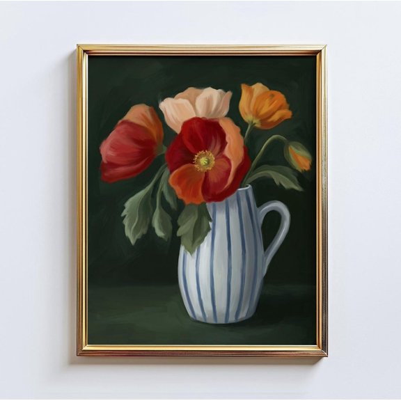 Striped Bloom Flower Pitcher Floral Wall Art Home Decor Unframed Paper Print