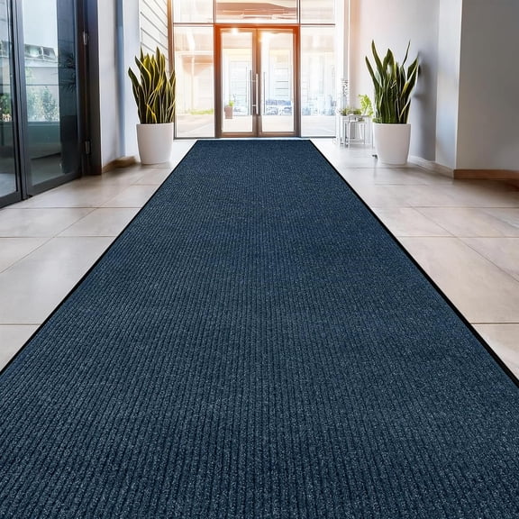 Striped Blue Door Mat - Heavy Duty, Indoor/Outdoor, Waterproof, Low-Profile (4x10 Feet) - Ideal for Entry, Patio, Garage - Durable Solution for High Traffic Area