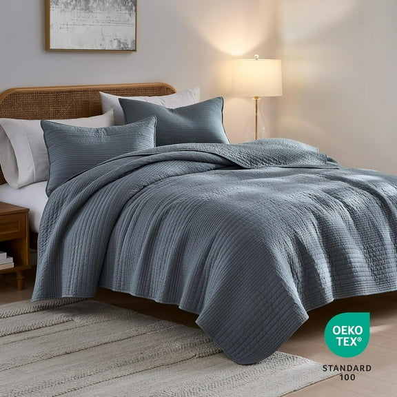 Striped Blue Grey  Cotton Quilt Queen Size Bedding Sets, Lightweight Crinkly Channel Pick Stitch Textured Bedspread Soft Shabby Chic Farmhouse Country Coverlet for All Season