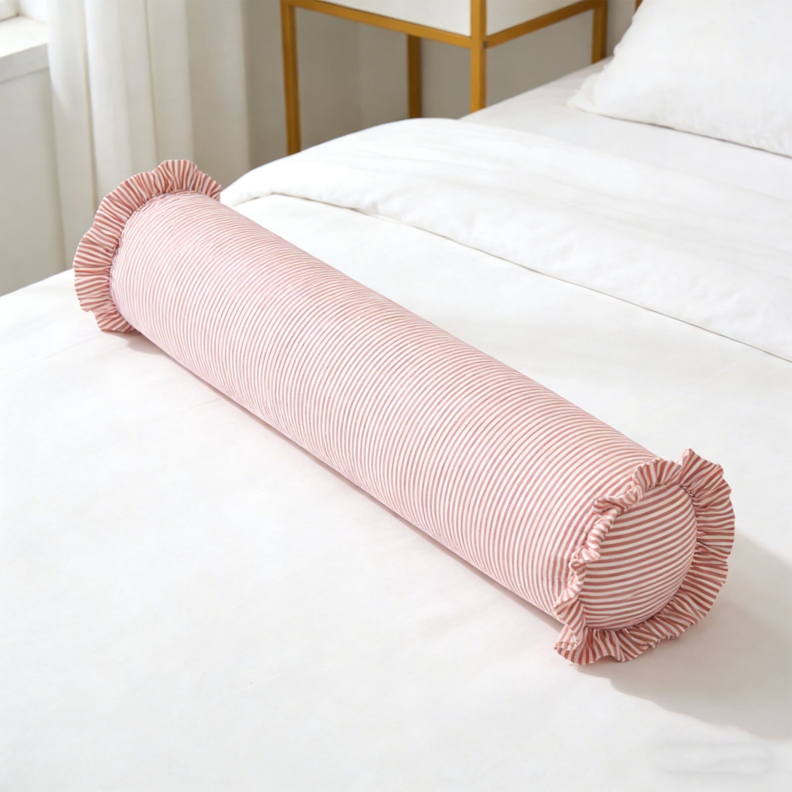 Striped Body Pillow with Ruffled Edges, Large Round Bolster Roll Pillow for Side Sleepers, Tube-Style Hugging Body Pillow for Bed & Sofa, Removable Washable Cover, 36 x 8 Inch, Pink