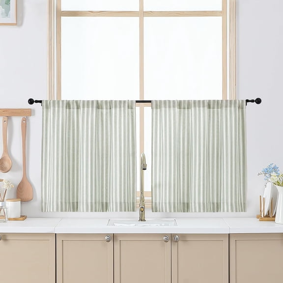 Striped Boho Curtains 24 Inch Length - Light Filtering Faux Linen Half Window Cafe Curtains, Farmhouse Short Curtain Tiers for Bathroom RV Camper, 30Wx24L, 2 Pieces, Sage Green