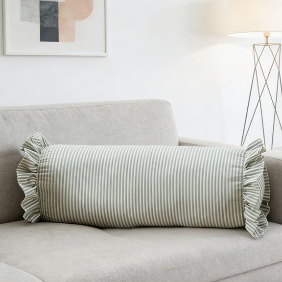 Striped Bolster Pillow with Ruffled Edges 8 in x 20 in in Green, Soft Cylindrical Neck Roll Pillow, Bed Sofa Decor Support Pillow, Sleeping and Relaxing Pillow for Home Decor