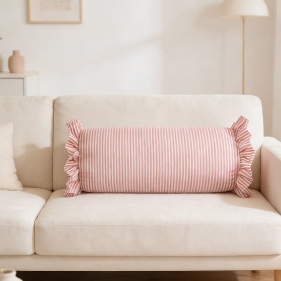 Striped Bolster Pillow with Ruffled Edges 8 in x 20 in in Pink, Soft Cylindrical Neck Roll Pillow, Bed Sofa Decor Support Pillow, Sleeping and Relaxing Pillow for Home Decor