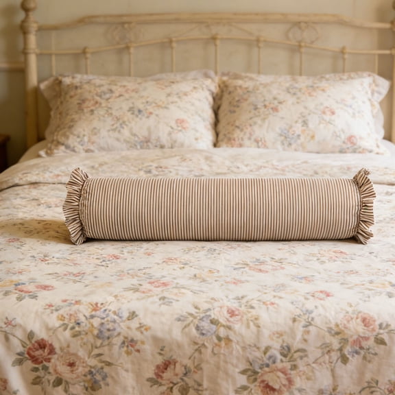 Striped Bolster Pillow with Ruffled Edges, Cylindrical Neck Roll Pillow for Bed Sofa, Lumbar Support Pillow for Sleeping Relaxing, Decorative Throw Pillow with Removable Cover(Brown)