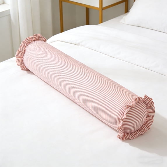 Striped Bolster Pillow with Ruffled Edges, Cylindrical Neck Roll Pillow for Bed Sofa, Lumbar Support Pillow for Sleeping Relaxing, Decorative Throw Pillow with Removable Cover(Pink)