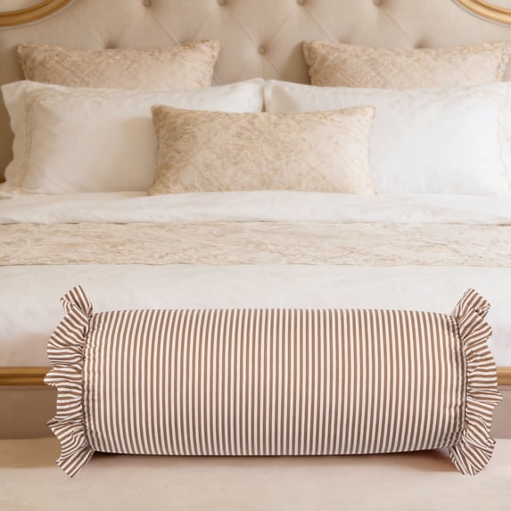 Striped Bolster Pillow with Ruffled Edges - Soft Cylindrical Neck Roll for Bed and Sofa Decorative Lumbar Support Cushion for Sleeping Relaxing Reading