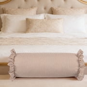 Striped Bolster Pillow with Ruffled Edges, Soft Cylindrical Neck Roll Pillow, Neck and Lumbar Support, Decorative Sofa and Bed Pillow, Relaxation and Home Decor Brown