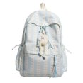 thumbnail image 1 of Striped Bow School Backpack, Chic Backpack with Drawstring Side Pocket, Nylon Waterproof Bookbag for College Shopping Travel (Blue), 1 of 10