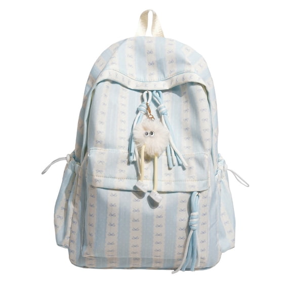 Striped Bow School Backpack, Chic Backpack with Drawstring Side Pocket, Nylon Waterproof Bookbag for College Shopping Travel (Blue)