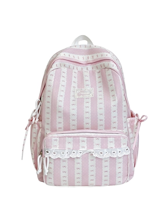 Striped Bow Lace Nylon Campus Backpack with Laptop Sleeve, Wide Shoulder Strap Lightweight Student Daypack for Shopping Travel Outings, 16.93" x 11.81" x 5.12" (Pink)
