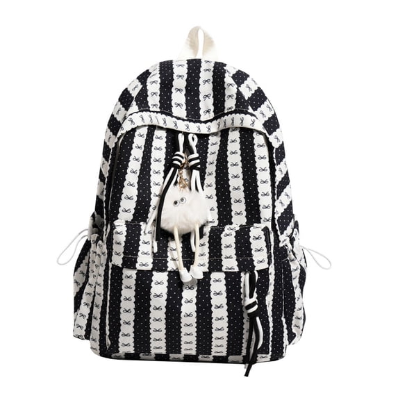 Striped Bow School Backpack, Chic Backpack with Drawstring Side Pocket, Nylon Waterproof Bookbag for College Shopping Travel (Black)