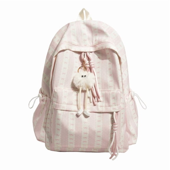 Striped Bow School Backpack, Chic Backpack with Drawstring Side Pocket, Nylon Waterproof Bookbag for College Shopping Travel, Pink