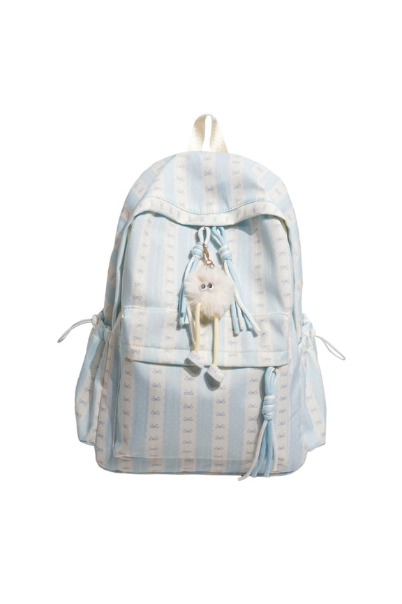 Striped Bow School Backpack, Chic Backpack with Drawstring Side Pocket, Nylon Waterproof Bookbag for College Shopping Travel, Pink