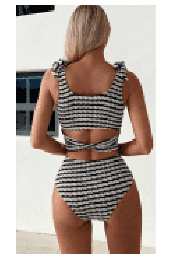 Striped Bow Tie Swimsuit Women High Waisted Two Piece Bathing Suit Round Neck Hollow Out Bikini Set Sexy Beach Vacation Swimwear