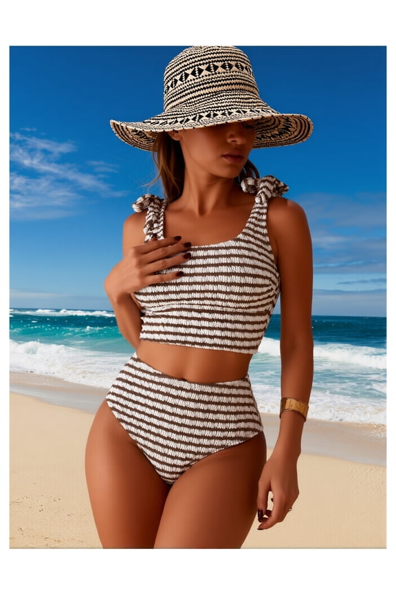 Striped Bow Tie Swimsuit Women High Waisted Two Piece Bathing Suit Round Neck Hollow Out Bikini Set Sexy Beach Vacation Swimwear