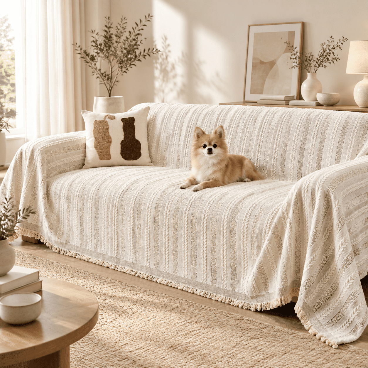 Striped Braid Cream 91*134 inch Chenille Slipcover for 3 Cushion Sofa ...