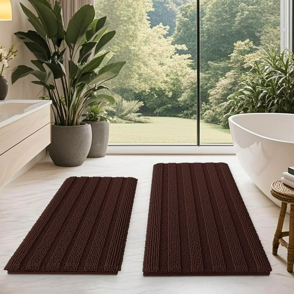 HAKUNA Striped Brown Bathroom Rug Set 2 Piece 32"x20"+24"x17" Ultra Soft, Non Slip Chenille Toilet Mat, Absorbent Plush Shaggy Bath Mats for Bathroom, Bedroom, Kitchen