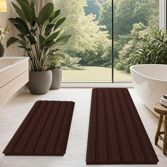 HAKUNA Striped Brown Bathroom Rug Set 2 Piece 32"x20"+60"x20" Ultra Soft, Non Slip Chenille Toilet Mat, Absorbent Plush Shaggy Bath Mats for Bathroom, Bedroom, Kitchen