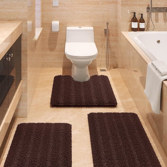 HAKUNA Striped Brown Bathroom Rug Set 3 Pieces Ultra Soft, Non Slip Chenille Toilet Mat, Absorbent Plush Shaggy Bath Mats for Bathroom, Bedroom, Kitchen