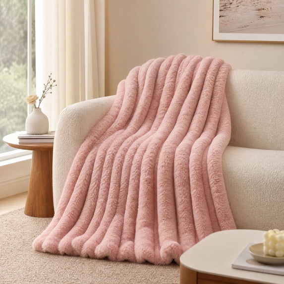 Striped Bubble Faux Rabbit Fur Throw Blanket,60"x80",Ultra Soft,Luxury Ribbed Faux Fur Throw,Thick Warm Textured Blanket,Cozy Fluffy Reversible Polyester for Bed,Couch,Chair,Sofa,Pink