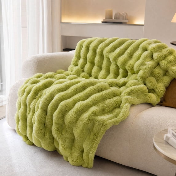 Striped Bubble Faux Rabbit Fur Throw Blanket,60"x80",Ultra Soft,Luxury Ribbed Faux Fur Throw,Thick Warm Textured Blanket,Cozy Fluffy Reversible Polyester for Bed,Couch,Chair,Sofa,Green