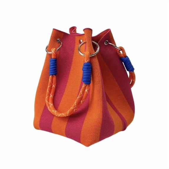 Striped Bucket Knit Tote Bag,Orange Pink Stripe Bucket Bag with Braided Rope Handles for Beach Vacation Daily Use