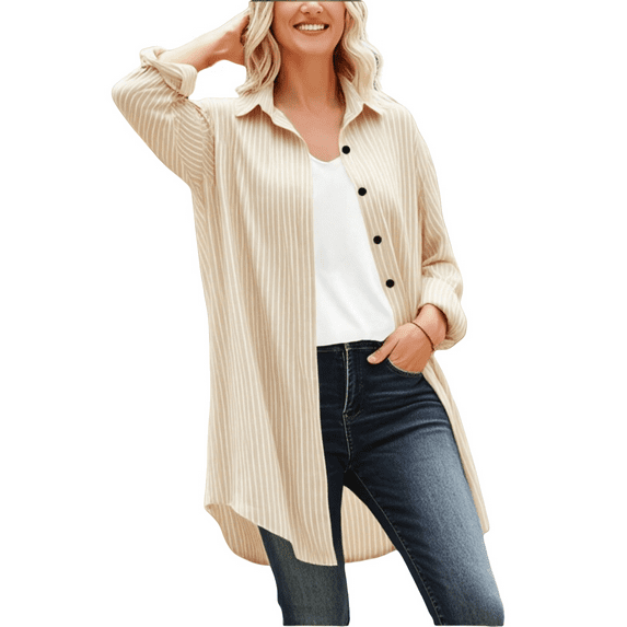 Striped Button Down Shirt Women! Comdrip New Women's Cotton and Linen Striped Shirt Long Sleeved Plus Pocket Top Blouses for Women Beige M