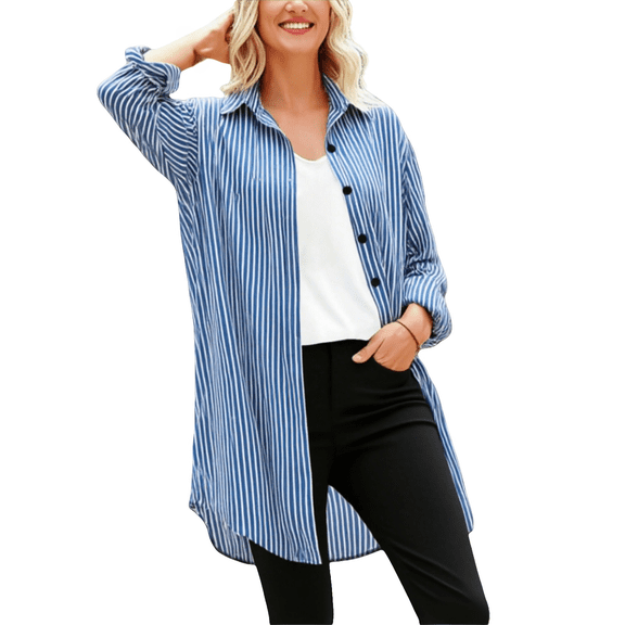 Striped Button Down Shirt Women! Comdrip New Women's Cotton and Linen Striped Shirt Long Sleeved Plus Pocket Top Blouses for Women Blue M