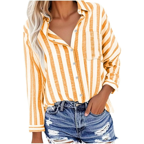 Striped Button Down Shirts Womens Cotten Linen Work Turndown Collar Roll-up Long Sleeve Tops Loose Business Casual Office Fall Fashion