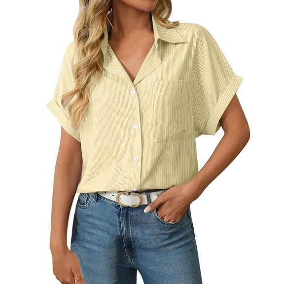 Striped Button Down Shirts for Women Business Casual Lapel Short Sleeved Tops with Pocket Trendy Casual Relaxed Fit Workout Tops