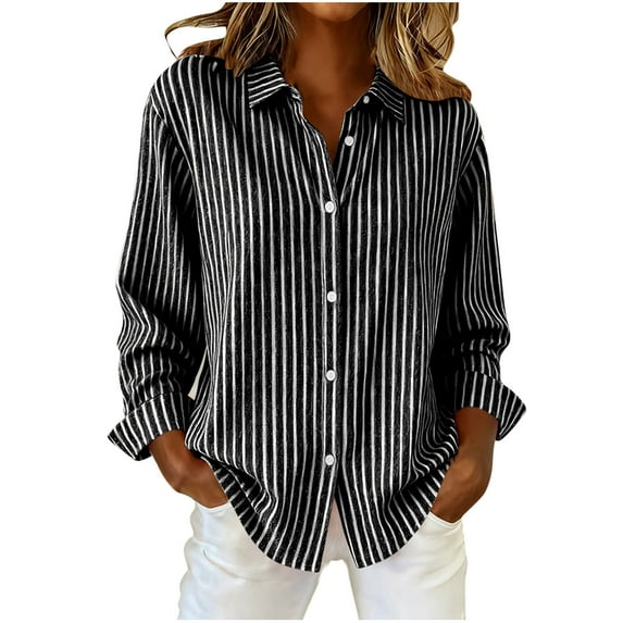 Striped Button Down Shirts for Women Cotton Dress Shirts Long Sleeve Collared Blouses Work Business Casual Tops