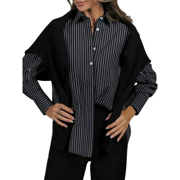 Striped Button Down Shirts for Women Dress Shirt Long Sleeve Collared Business Blouse Tops Black XXL