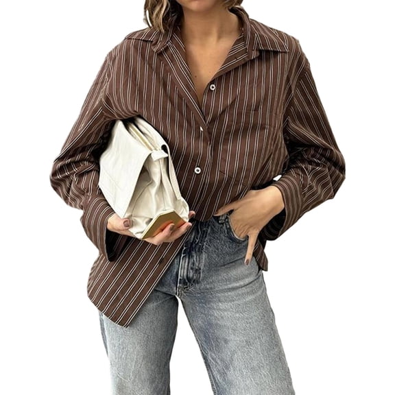 Striped Button Down Shirts for Women Long Sleeve Collared Blouses Work Business Casual Tops Brown M
