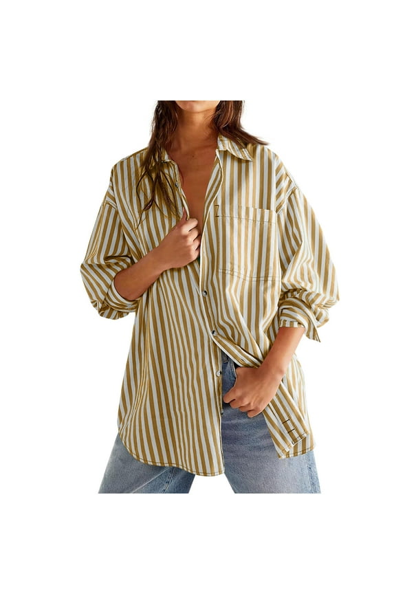 Striped Button Down Shirts for Women Oversized Fit Long Sleeve Collared Blouses with Pocket Dressy Casual Tops (2XL, Yellow)