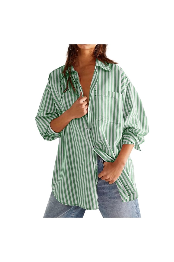 Striped Button Down Shirts for Women Oversized Fit Long Sleeve Collared Blouses with Pocket Dressy Casual Tops (L, Green)