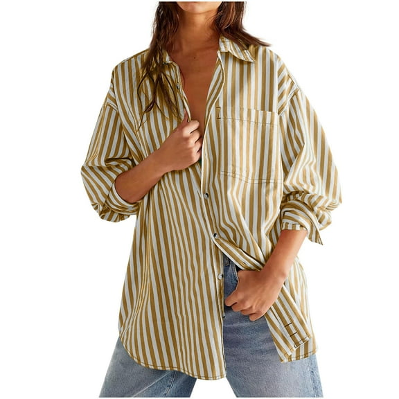 Striped Button Down Shirts for Women Oversized Fit Long Sleeve Collared Blouses with Pocket Dressy Casual Tops (XL, Yellow)