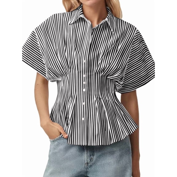 Striped Button Down Shirts for Women Short Sleeve Pleated Corset Blouse Casual Summer Black Strips L